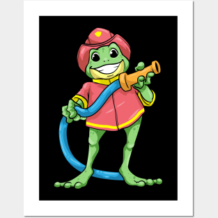 Frog as firefighter with hose Posters and Art